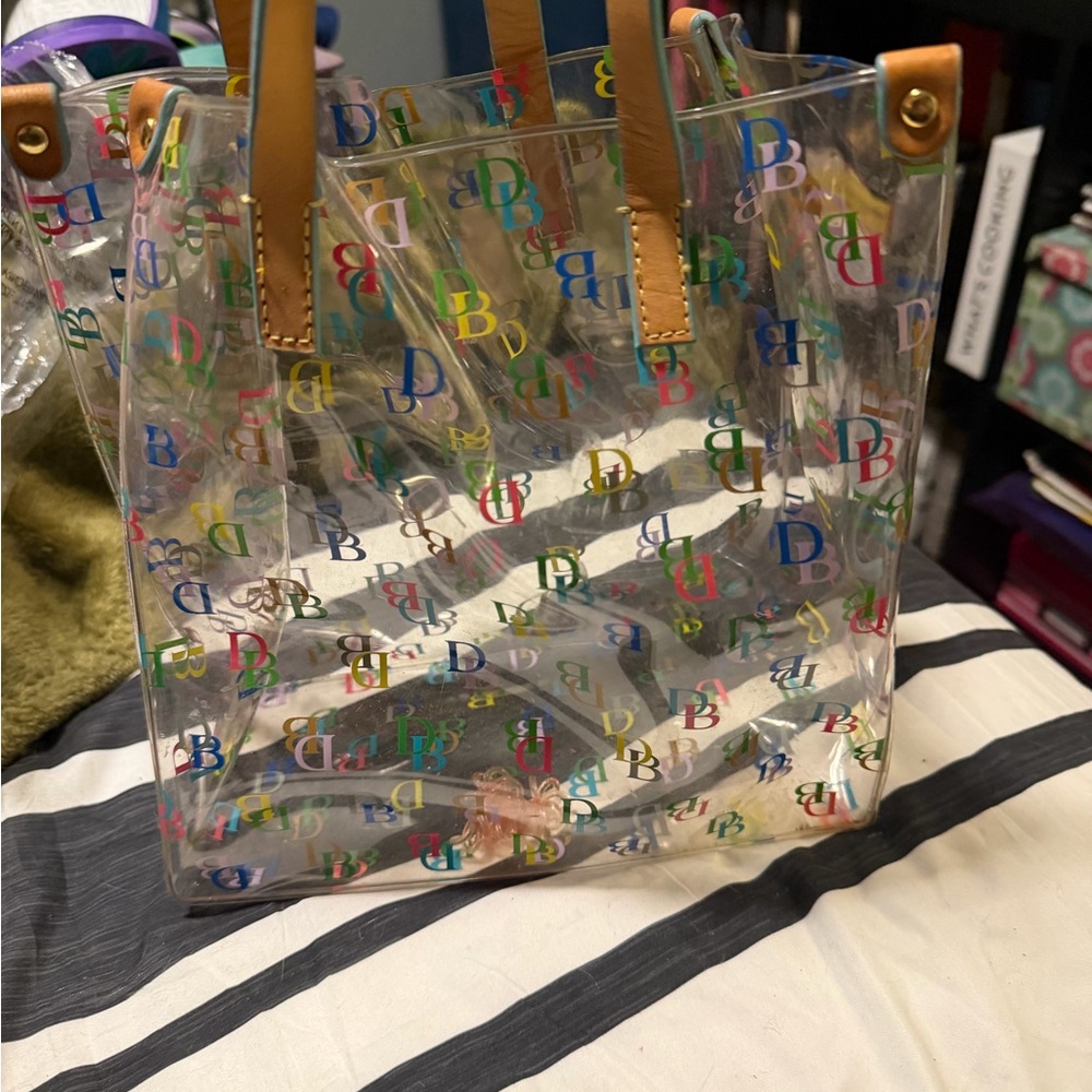 Dooney & Bourke Clear Multicolor Logo Lunch Box Tote with Tan Leather Handles